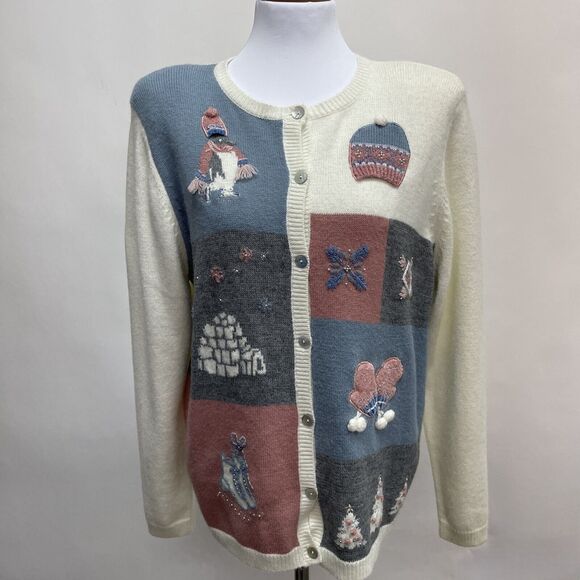 Alfred Dunner Christmas Cardigan Sweater Large X-Large Ivory Blue Pink LS - Picture 1 of 7
